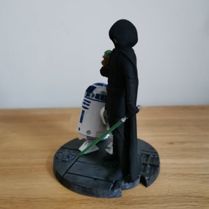 May include: A black-cloaked figure stands with a lightsaber, holding a small green figure.  A white and blue robot stands beside them on a gray base.