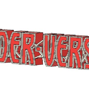 May include: A red and white 3D logo with the text "SPIDER-VERSE" in a bold, blocky font.