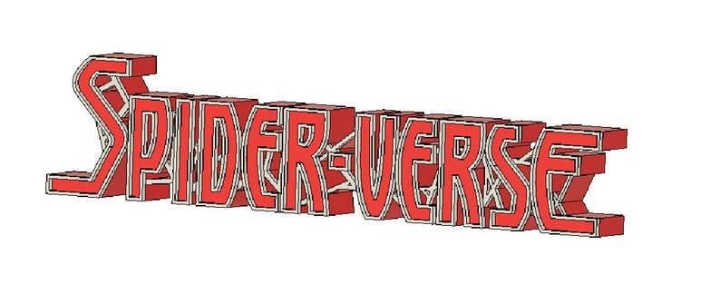 May include: A red and white 3D logo with the text "SPIDER-VERSE" in a bold, blocky font.