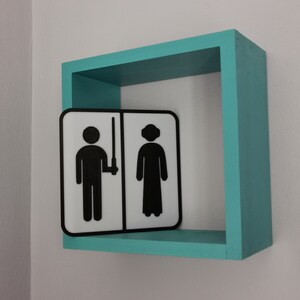 Pu&ograve; includere: Uno scaffale blu turchese con un cartello bianco che dice "Lui" a sinistra e "Lei" a destra. Il cartello ha silhouette nere di una persona che tiene una spada laser e una persona con un chignon.