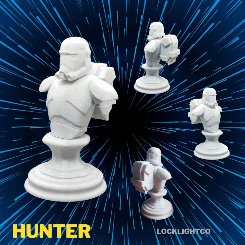 May include: White 3D printed bust of a Star Wars Clone Trooper, wearing a helmet and armor, holding a blaster rifle. The bust is on a white base. The background is a blue and white blur.
