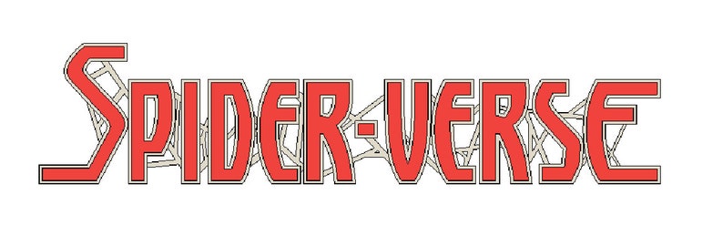 May include: Red and white logo with the text "SPIDER-VERSE" in a bold, outlined font. The "S" is stylized with a web design.
