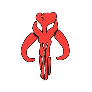 May include: A red Mandalorian symbol with black outlines. The symbol is a stylized skull with horns and a central design.
