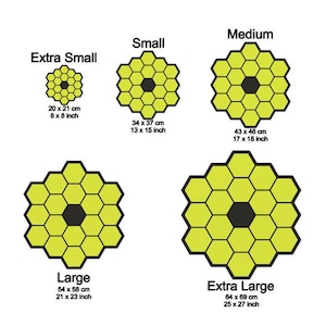 May include: Diagram showing five different sizes of honeycomb-shaped objects with measurements in inches and centimeters. The sizes are Extra Small, Small, Medium, Large, and Extra Large.