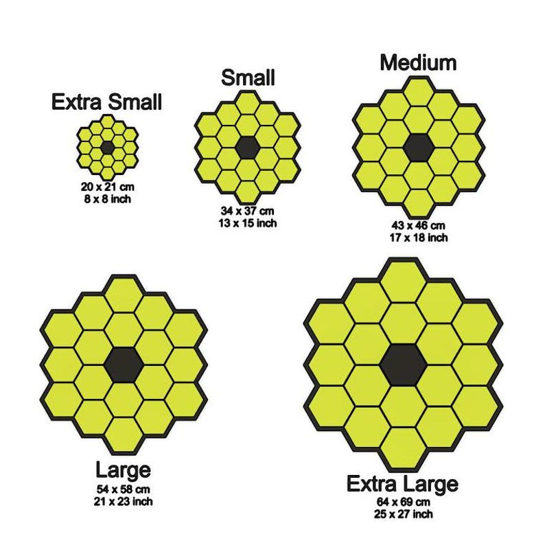 May include: Diagram showing five different sizes of honeycomb-shaped objects with measurements in inches and centimeters. The sizes are Extra Small, Small, Medium, Large, and Extra Large.