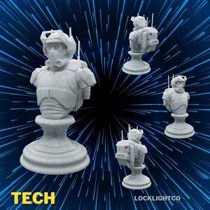 May include: A white 3D printed bust of a Star Wars clone trooper wearing a helmet and armor. The bust is on a white base. The background is a blue and white radial pattern.