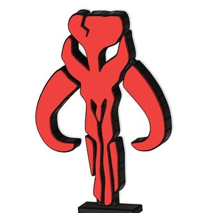 May include: A red and black Mandalorian symbol, also known as the "Death Watch" symbol, is a 3D printed design. The symbol is a stylized skull with two horns.
