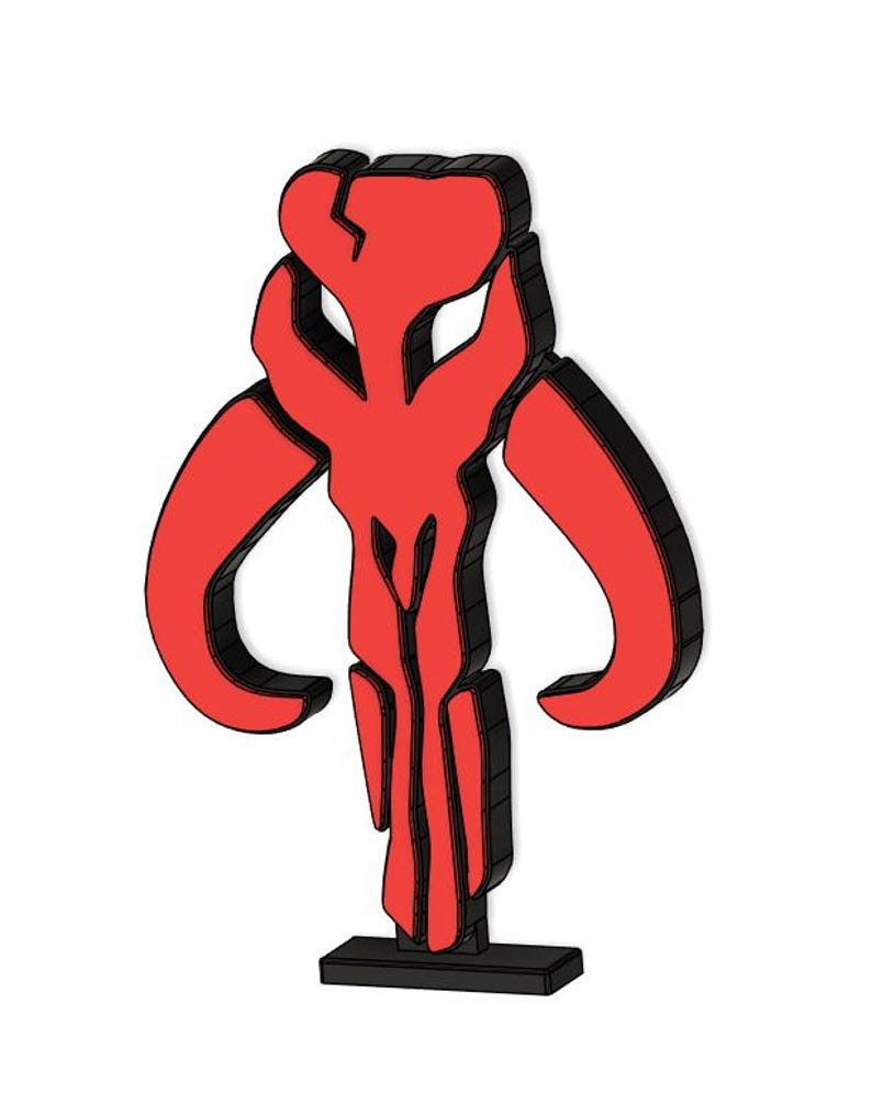 May include: A red and black Mandalorian symbol, also known as the "Death Watch" symbol, is a 3D printed design. The symbol is a stylized skull with two horns.