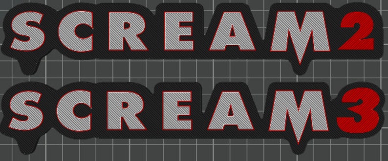 May include: Two black and red patches with the word "SCREAM" in white with a red outline and the numbers "2" and "3" in red.