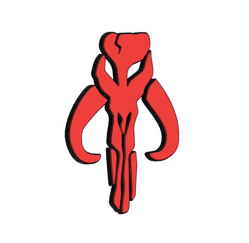 May include: A red and black Mandalorian symbol, also known as the "Death Watch" symbol, is a popular design for fans of the Star Wars franchise.