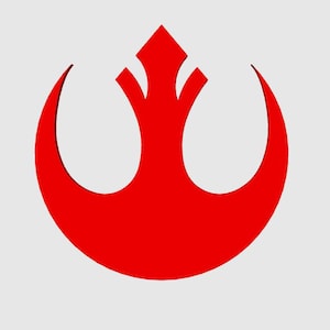 May include: A red Rebel Alliance symbol, also known as the Star Wars Rebellion symbol, with a white background.