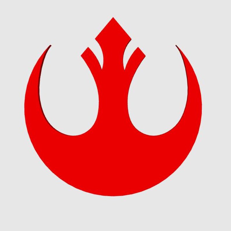 May include: A red Rebel Alliance symbol, also known as the Star Wars Rebellion symbol, with a white background.