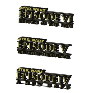 May include: A black and gold 3D graphic of the Star Wars Episode VI title card, "Return of the Jedi".