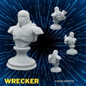 May include: White 3D printed bust of a Star Wars character, Wrecker, from the Bad Batch. The bust is on a white pedestal. The image has a blue and white background with a radial pattern.