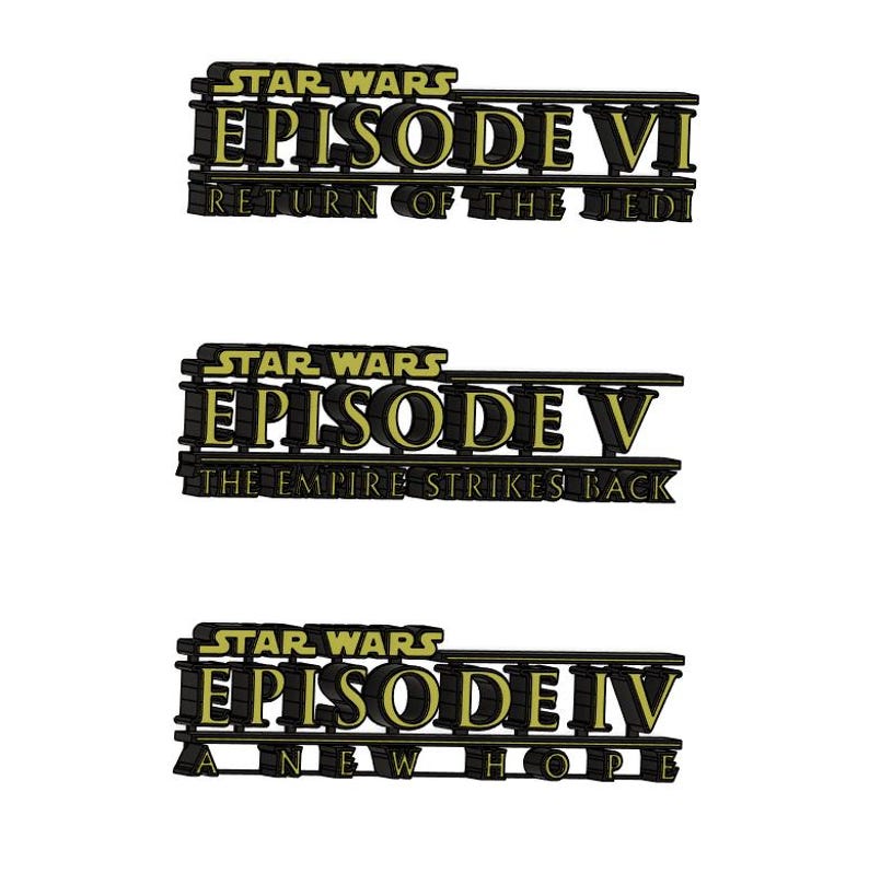 May include: Three Star Wars movie title cards with black backgrounds and gold text. The top card reads "STAR WARS EPISODE VI RETURN OF THE JEDI". The middle card reads "STAR WARS EPISODE V THE EMPIRE STRIKES BACK". The bottom card reads "STAR WARS EPISODE IV A NEW HOPE".