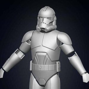 May include: A gray, three-dimensional model of a Clone Trooper from Star Wars. The figure is wearing a helmet, chest armor, and arm and leg coverings. The model is set against a dark background.