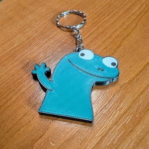 Peut inclure: Un porte-cl&eacute;s bleu sarcelle en forme de grenouille de dessin anim&eacute;. La grenouille a de grands yeux blancs et l&egrave;ve une main. Le porte-cl&eacute;s est attach&eacute; &agrave; un anneau en m&eacute;tal argent&eacute;.