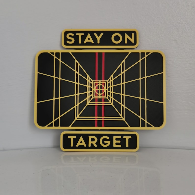 May include: A yellow and black graphic with the text "Stay on Target" in a yellow rectangle at the top and a yellow rectangle at the bottom with the text "Target". The graphic is a black and white image of a grid pattern with red lines in the center.