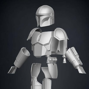 Puede incluir: Un kit de modelo desmontado de un casco y armadura mandalorianos. El kit incluye un casco, placa de pecho, hombreras, piezas de brazo y piezas de pierna. Las piezas est&aacute;n hechas de un material pl&aacute;stico gris.
