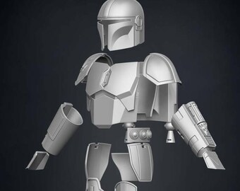 May include: A disassembled model kit of a Mandalorian helmet and armor. The kit includes a helmet, chest plate, shoulder pads, arm pieces, and leg pieces. The pieces are made of a gray plastic material.