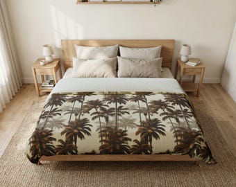 Copripiumino con palme in cotone Oeko-Tex, biancheria da letto in stile boho costiero, look vintage per la camera da letto