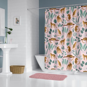 Boho Shower Curtain Tropical Exotic Leopard Print Pattern Bath Curtain Pink and Green Bathroom Boho Aesthetic Home Decor Housewarming Gift