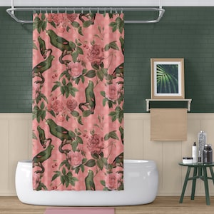 Boho Duschvorhänge Boho Eclectic Style Lachs Rosa Grün Papagei Exotischer Look Badezimmer Küsten Dekor Wohnaccessoires Bold Stylish Geschenk
