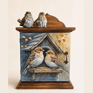 May include: A wooden cabinet with a dark brown finish featuring a painted scene of two brown and white sparrows on a birdhouse. Two small, sculpted sparrow figurines sit on the top shelf. The cabinet has a metal handle on the right side.