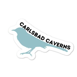 May include: A white sticker with a blue bird silhouette and the text "Carlsbad Caverns" in black.