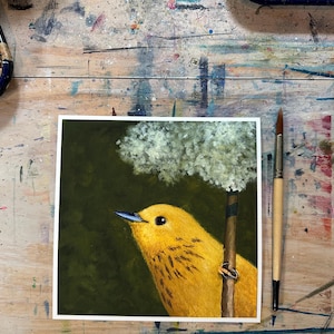 Yellow warbler green painting 8x8” giclee print