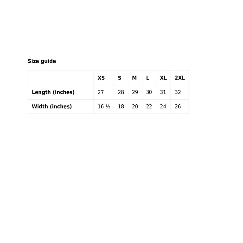 May include: Size guide chart for clothing with measurements in inches. The chart shows sizes XS, S, M, L, XL, and 2XL with corresponding length and width measurements.