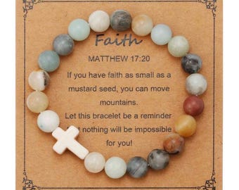 Natural Stone Cross Bracelet, Christian Faith Prayer Card Reminder