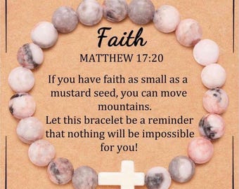 Beautiful Cross Bracelet, Gift with Prayer Card for Christians, Natural stone Bracelet/ Inspirational Gift - Pink