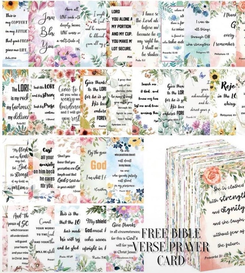 May include: A stack of Bible verse prayer cards with floral designs and inspirational quotes. The cards feature various colors and fonts, with the words "FREE BIBLE VERSE PRAYER CARD" at the bottom.