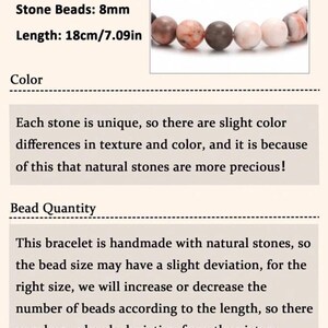 May include: A bracelet featuring 8mm stone beads. The length is 7.09 inches (18cm). The image shows a close-up of the bracelet with various colored beads, including shades of pink, brown, and white. The text states that each stone is unique.