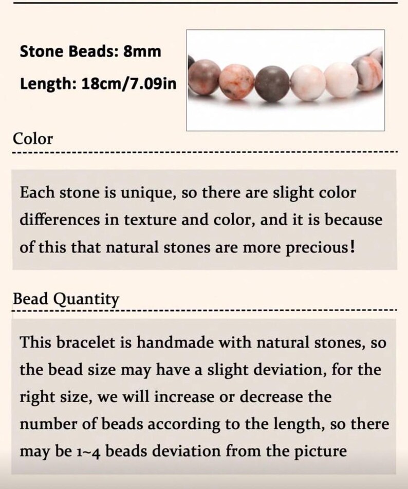 May include: A bracelet featuring 8mm stone beads. The length is 7.09 inches (18cm). The image shows a close-up of the bracelet with various colored beads, including shades of pink, brown, and white. The text states that each stone is unique.