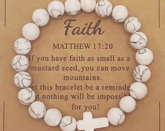 Beautiful Cross Bracelet, Gift with Prayer Card for Christians, Natural stone Bracelet/ Inspirational Gift -  White