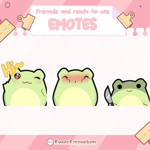 May include: A digital art image featuring three cartoon frog emotes. The frogs are light green with yellow bellies and black outlines. One frog says "Hi" in a yellow bubble, another blushes, and the third holds a knife. The background is pink.