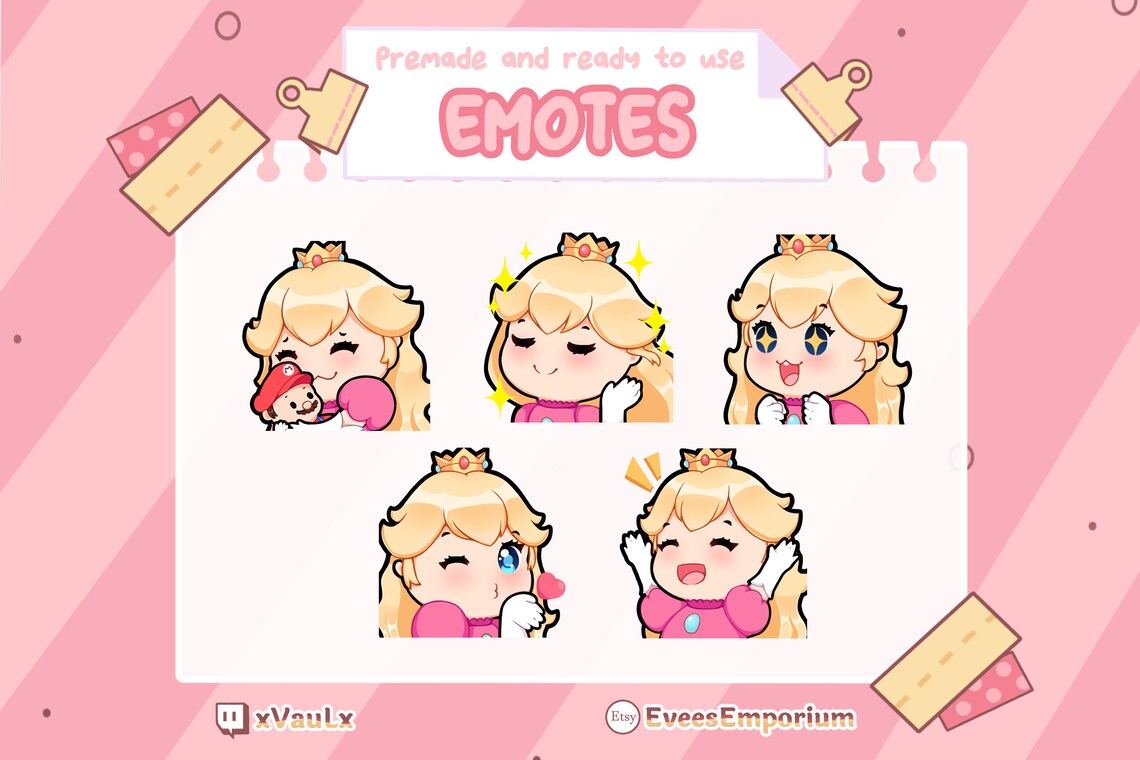 Cute Princess Peach Emotes / Emojis for Twitch Streamers, Youtubers