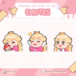 Cute Princess Peach emotes / Emojis For twitch streamers, youtubers, discord - instant digital download, Mario kart emotes, hug, woah, hype