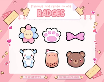 simpatici badge sub assortiti / badge bit per streamer di Twitch, YouTuber, Discord - download digitale istantaneo, badge a forma di fiore, fiocco, boba, peluche
