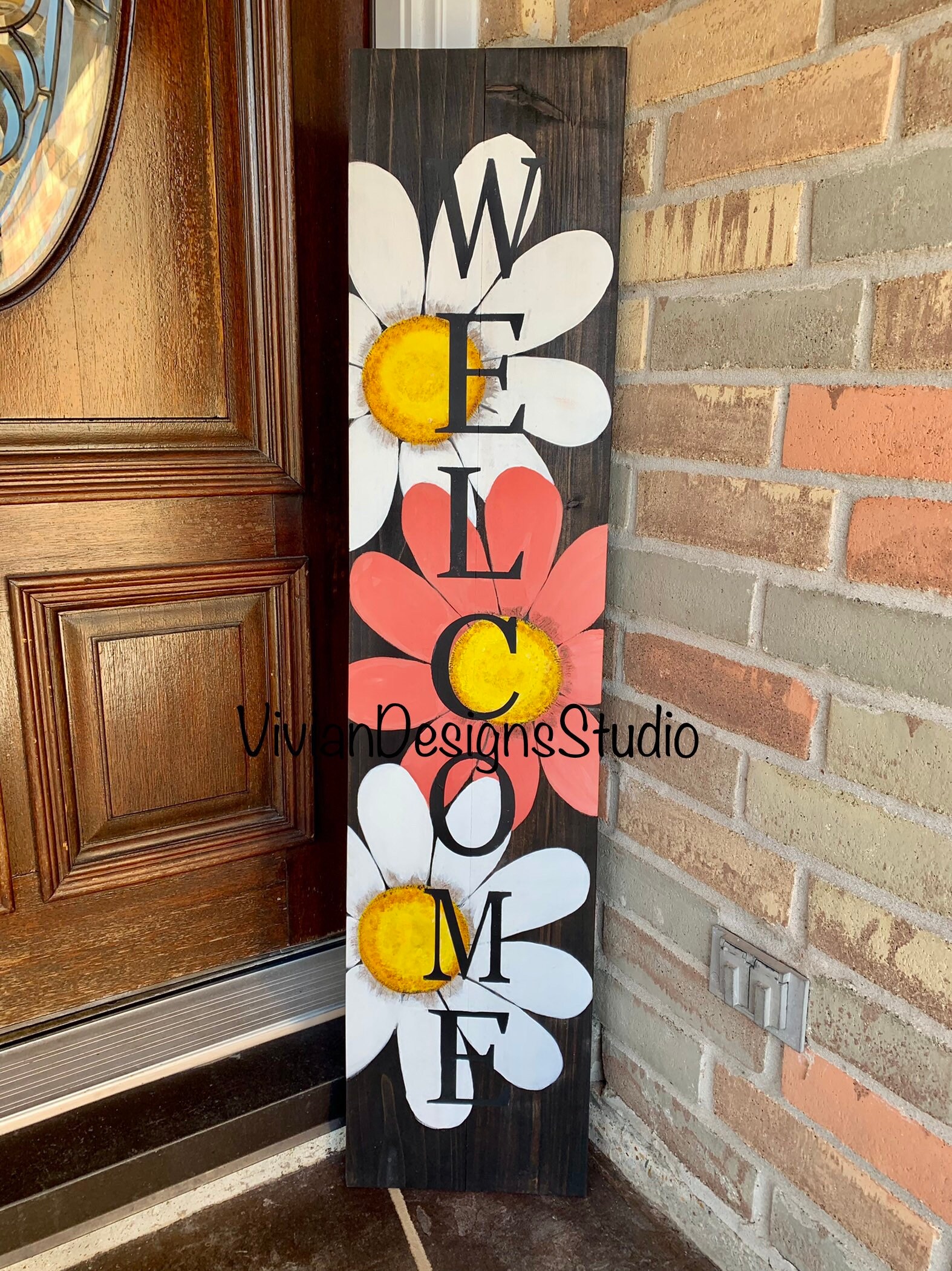 Spring Flowers Welcome Porch Leaner Handpainted Spring Sign