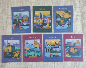 Collection set of 7 art postcards with hero cities of Ukraine. 6 postcards with city names + 1 postcard UKRAINE