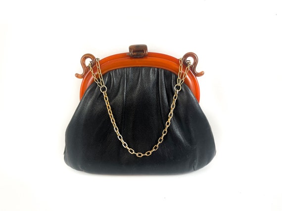 Leather and Bakelite Purse with Gold Metal Strap,… - image 1