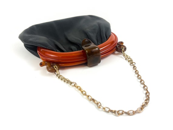 Leather and Bakelite Purse with Gold Metal Strap,… - image 2