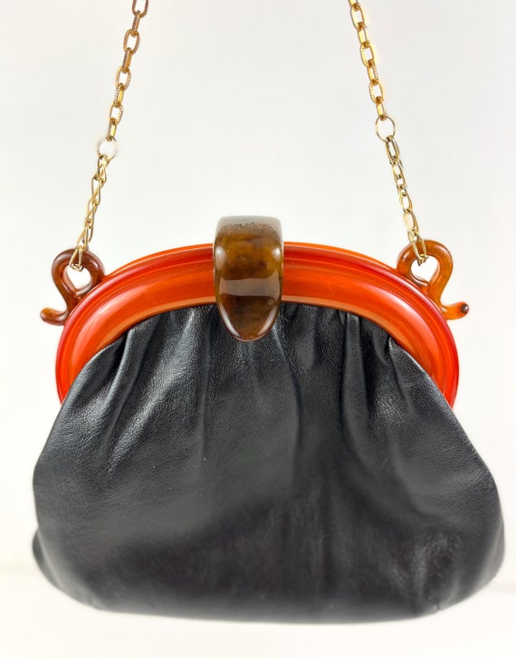 Leather and Bakelite Purse with Gold Metal Strap,… - image 5