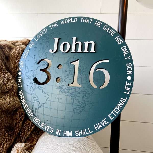 18” Circle John 3:16 World Globe 3D/Cutout Sign, For God So Loved He Gave His Only Son, Customized Background Color, Bible Scripture Verse