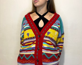 extra large south american chunky knit purple green white cold weather sweater vintage cardigan size large