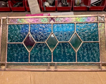 COMING SOON***Copper finished Vintage Florentine Teal/Blue Victorian style stained glass window 16.5 x 8.5