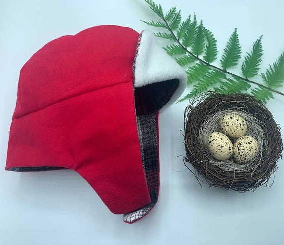 Red Flannel Ear Flap Hat | Etsy